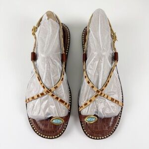 Sam Edelman Tenly Strappy Flat Sandals Womens 8M Tan Turquoise Zebra NEW